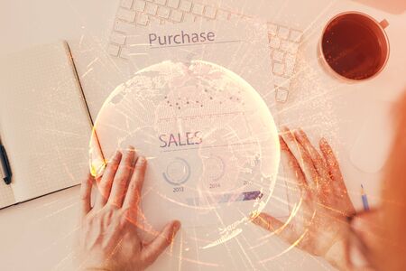 Mans hands working with notes background. Social networking scheme . Mixed mediaの写真素材