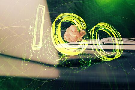 Mans hands working with notes background. Cryptocurrency and finance concept.の写真素材