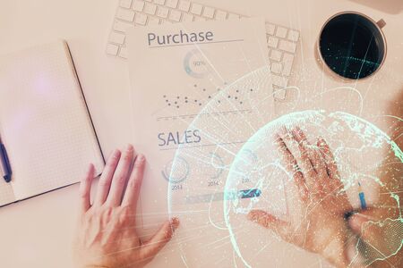 Mans hands working with notes background. Social networking scheme . Mixed mediaの写真素材