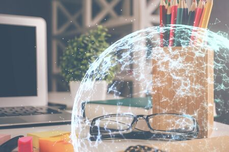 Social network theme drawing with glasses on the table background. Concept of people media connection. Double exposure.の写真素材