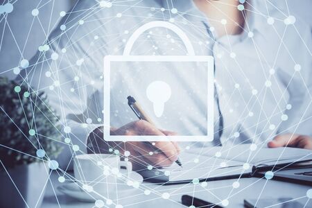 Human's hands with cyber security theme multi exposure background drawings. Concept of online protection.の写真素材