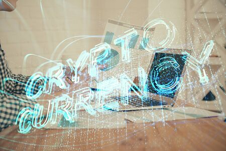 Blockchain theme hud with businessman working on computer on background. Concept of crypto chain. Multi exposure.の写真素材