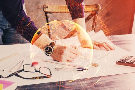 Mans hands working with notes background. Social networking concept.