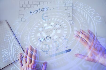 Man hands with data theme double exposure icons.の写真素材