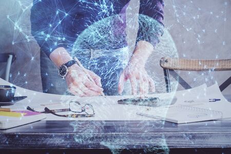 Haman brain double exposure icon with man hands background.の写真素材