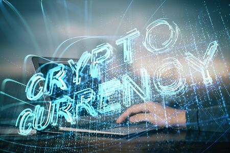 Blockchain theme hud with businessman working on computer on background. Concept of crypto chain. Double exposure.の写真素材