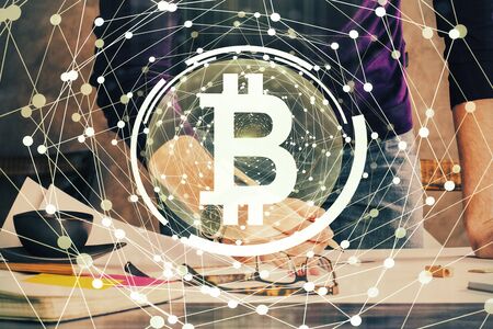 Mans hands working with notes background. Cryptocurrency and finance concept.の写真素材