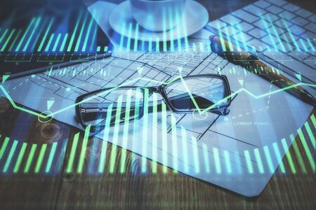 Data tech hologram with glasses on the table background. Concept of technology. Double exposure.の写真素材