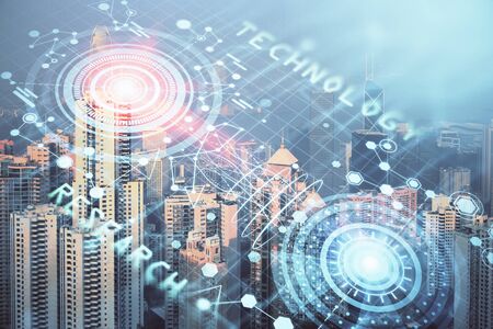 Data theme hologram drawing on city view with skyscrapers background double exposure. Technology...