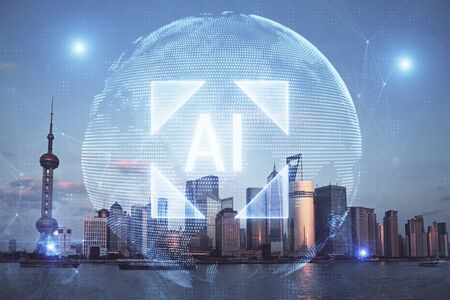 Data theme hologram drawing on city view with skyscrapers background double exposure. Technology concept.の写真素材