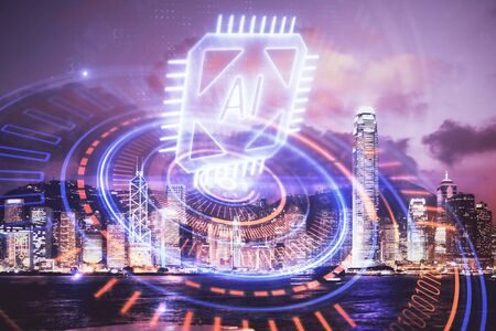 Data theme hologram drawing on city view with skyscrapers background double exposure. Ai concept.の写真素材