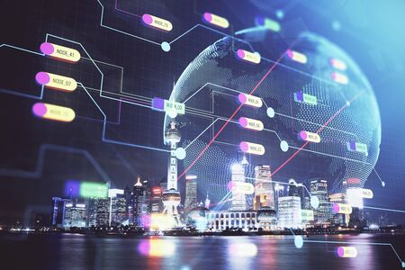 Map and data theme hologram on city view with skyscrapers background double exposure. International...