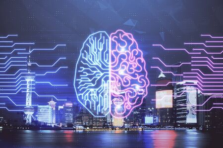 Brain hologram drawing on city scape background Double exposure. Brainstorming concept.