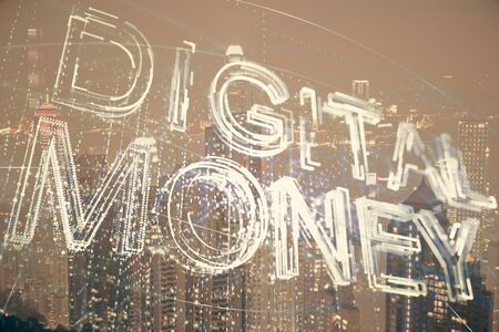 Multi exposure of cryptocurrency theme hologram drawing and city veiw background. Concept of...