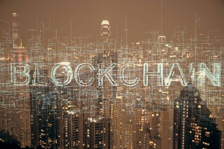 Multi exposure of cryptocurrency theme hologram drawing and city veiw background. Concept of...