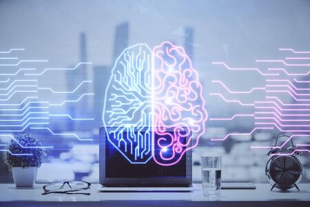 Double exposure of desktop with computer and brain drawing hologram. Artificial intelligence...