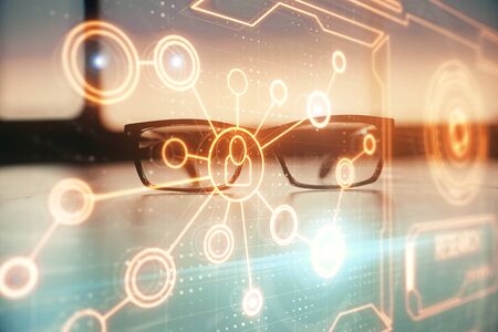 Social network theme drawing with glasses on the table background. Concept of people media...