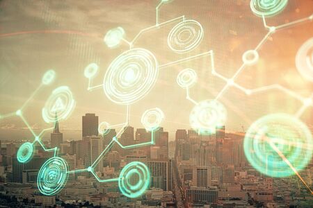 Double exposure of social network theme drawing and cityscape background. Concept of people...