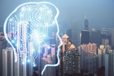Brain hologram drawing on cityscape background multi exposure. Ai in modern city concept.