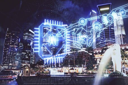 Data theme hologram drawing on city view with skyscrapers background multi exposure. Ai concept.の写真素材