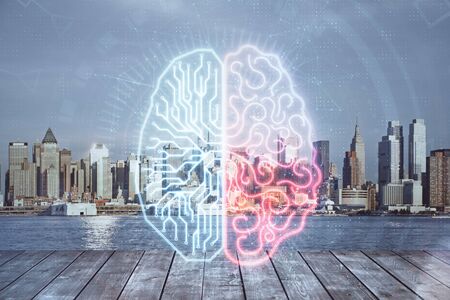 Brain hologram drawing on cityscape background multi exposure. Ai in modern city concept.
