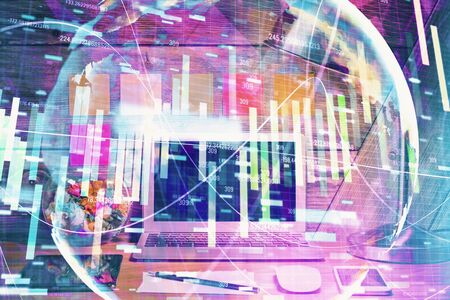 Double exposure of business theme icons and work space with computer background. Concept of success.の写真素材