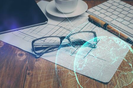 Social network theme drawing with glasses on the table background. Concept of people media connection. Double exposure.の写真素材