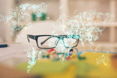 Social network theme drawing with glasses on the table background. Concept of people media connection. Double exposure.の写真素材