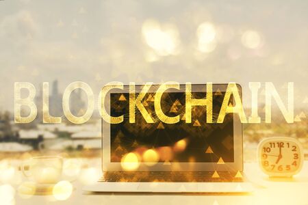Double exposure of blockchain and crypto economy theme hologram and table with computer background. Concept of bitcoin cryptocurrency.の写真素材
