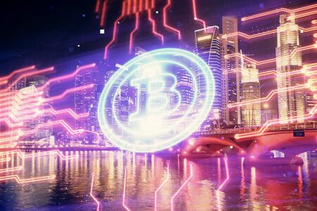 Multi exposure of cryptocurrency theme hologram drawing and city veiw background. Concept of...