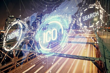 Multi exposure of cryptocurrency theme hologram drawing and city veiw background. Concept of blockchain and bitcoin.の写真素材