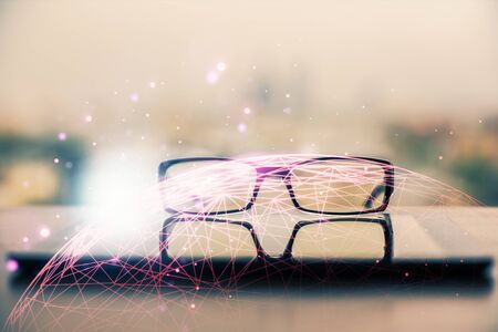 Social network theme drawing with glasses on the table background. Concept of people media...