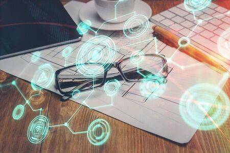 Social network theme drawing with glasses on the table background. Concept of people media...
