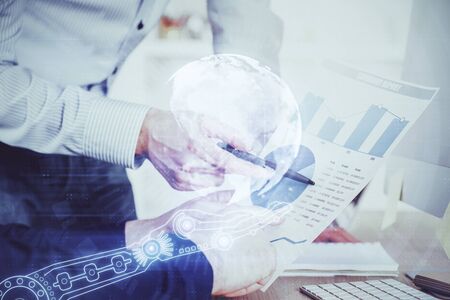 Man with double exposure international connection concept icons.の写真素材