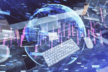 Multi exposure of graph and financial info and work space with computer background. Concept of...