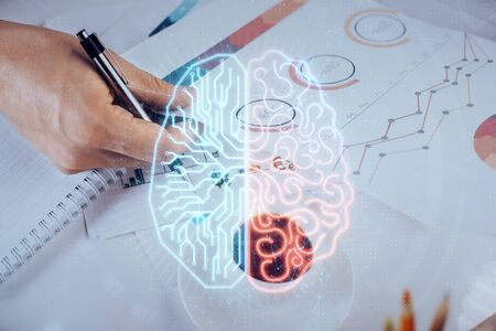 Man with multi exposure atificial intelligence brain icons.の写真素材