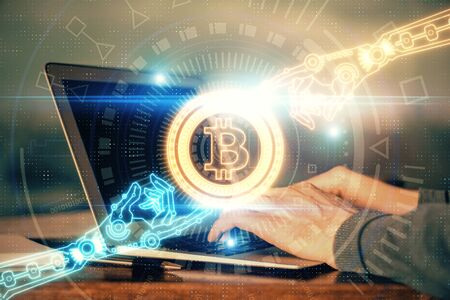 Blockchain theme hud with businessman working on computer on background. Concept of crypto chain....