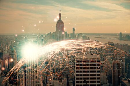 Double exposure of social network theme drawing and cityscape background. Concept of people...