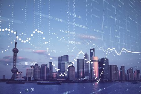 Data theme hologram drawing on city view with skyscrapers background double exposure. Technology...