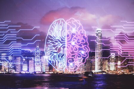 Brain hologram drawing on city scape background Double exposure. Brainstorming concept.