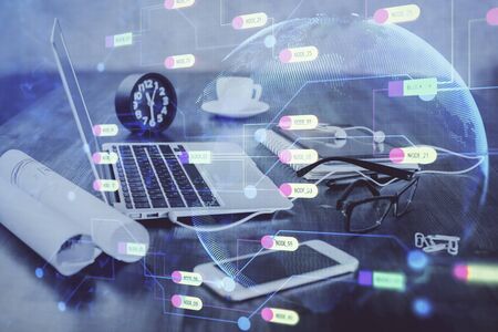 Double exposure of table with computer on background and data theme drawing. Concept of innovation.