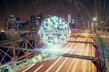 Multi exposure of cryptocurrency theme hologram drawing and city veiw background. Concept of...