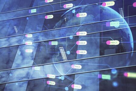 Data theme hologram drawing on city view with skyscrapers background multi exposure. Bigdata concept.の写真素材
