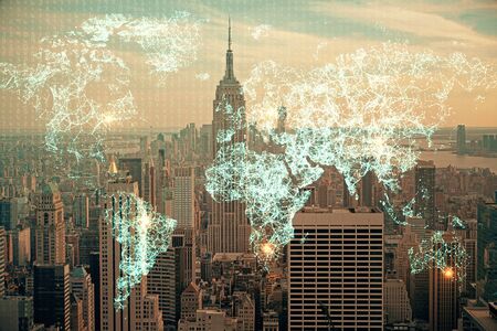Double exposure of social network theme drawing and cityscape background. Concept of people...
