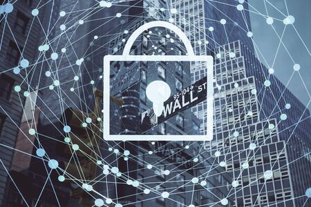 Lock icon hologram on city view with skyscrapers background multi exposure. Data security concept.