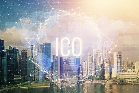 Double exposure of crypto currency theme hologram drawing and city veiw background. Concept of...