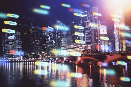 Data theme hologram drawing on city view with skyscrapers background multi exposure. Ai concept.の写真素材