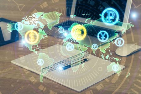 Multi exposure of chart and financial info and work space with computer background. Concept of international online trading.の写真素材