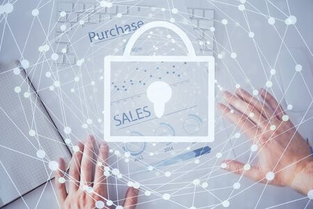 Man hands writing. With double exposure drawings.の写真素材