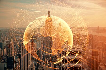 Double exposure of social network theme drawing and cityscape background. Concept of people...